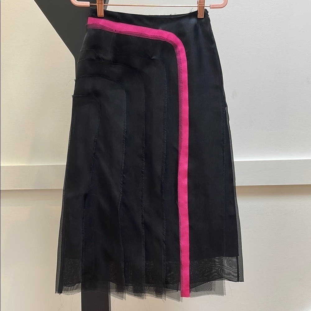 LANVIN black with pink raw edge layered silk midi skirt XXS NEW